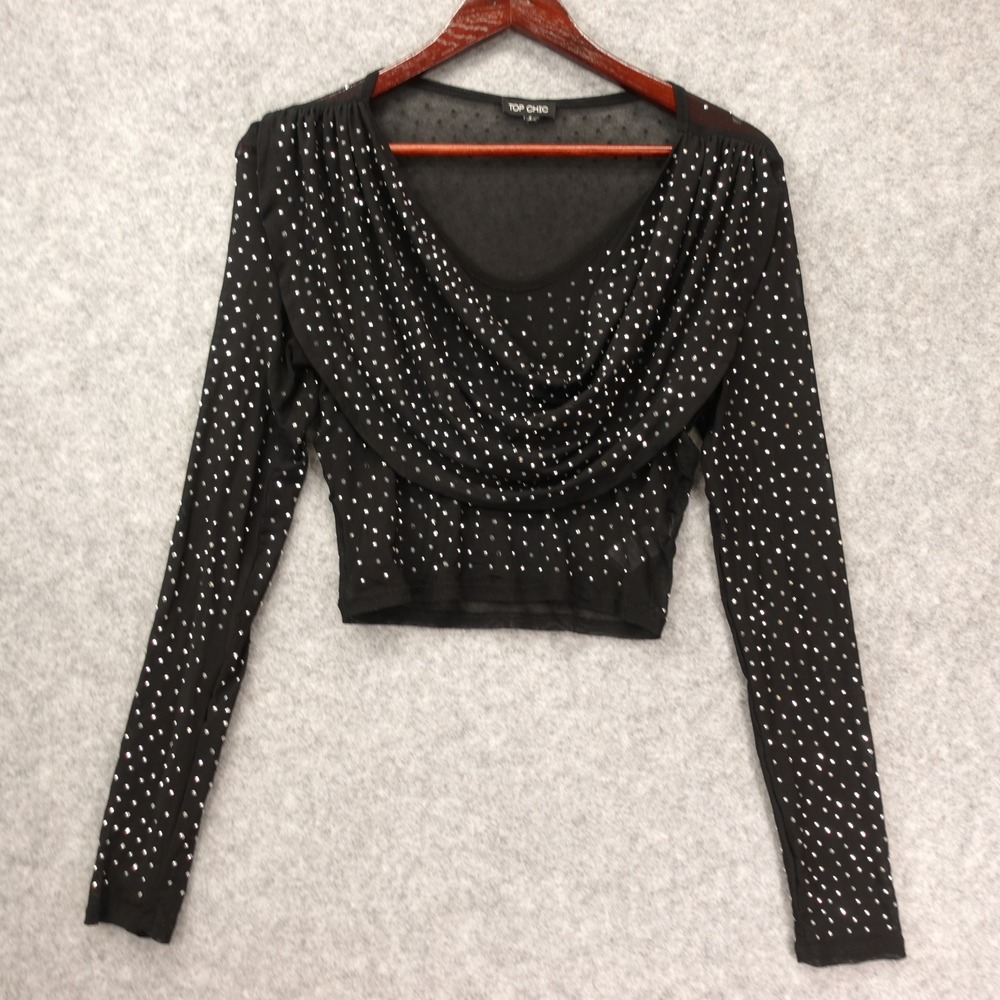 Y2K Rhinestone Cocktail Crop Top XS Black Sheer Studded Rave Festival TOP CHIC